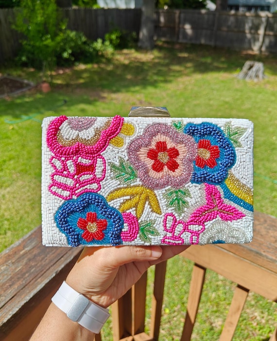 Colorful Beaded Clutch, Floral Beaded Purse, Party Evening Clutch, Crossbody Bag, Summer Purse, Wedding Clutch, Gift for Her