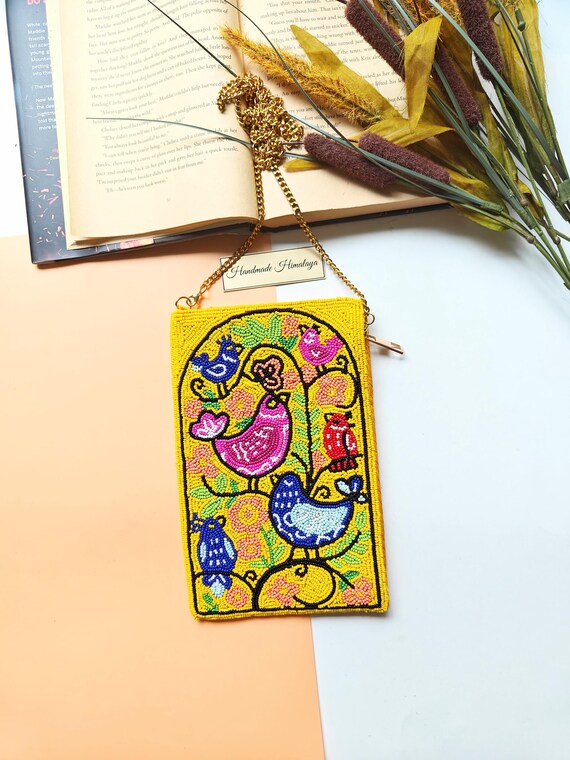 Beaded Phone Bag, Bird Clutch, Crossbody Bag, Mobile Purse, Beaded Clutch, Summer Bag, Gift for Her, Colorful Beaded Bag, Cell Phone Purse