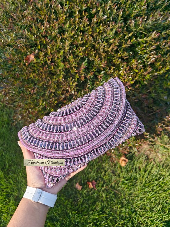 Lilac Purple Beaded Clutch, Rhinestone Embellished Party Evening Bag Crossbody
