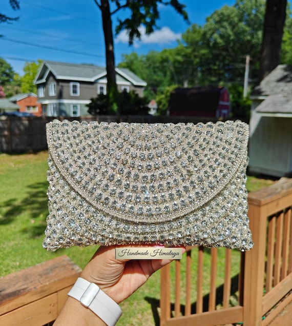 Silver Clutch, Beaded Party Evening Clutch, Embellished Purse, Seed Bead Bag, Silver Crystal Diamond Wristlet, Crossbody Bag, Gift for Her