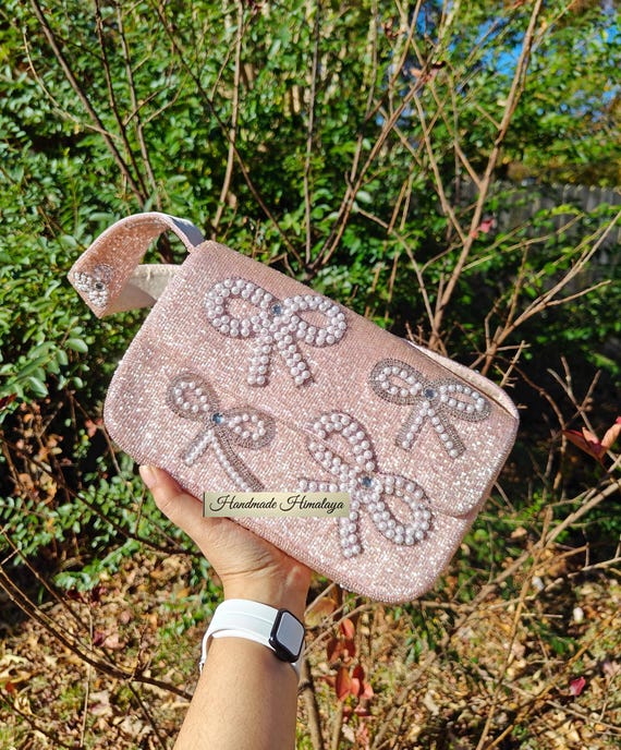 Pink Pearl Bow Beaded Bag, Evening Bridal Bridesmaid Wedding Party Handbag, Sparkly Blush Pink Shoulder Bag, Christmas Purse