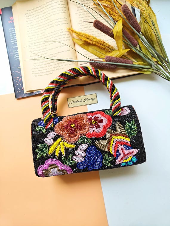 Colorful Floral Bag, Beaded Handbag, Rainbow Handle Bag, Embroidered Top Handle Bag, Summer Bag, Beaded Bag, Flower Bag, Black Beaded Purse