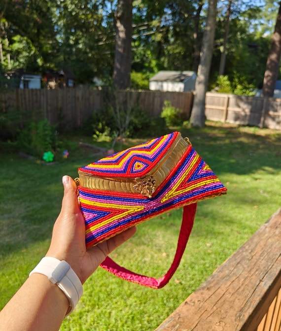 Handmade Beaded Brass Clutch: Colorful Indian Gold Wedding Bridal Purse with Beaded Handle