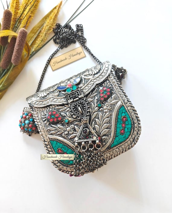 Vintage Silver Brass Bag, Indian Mosaic Kuchi Afghan Tribal Batua Purse