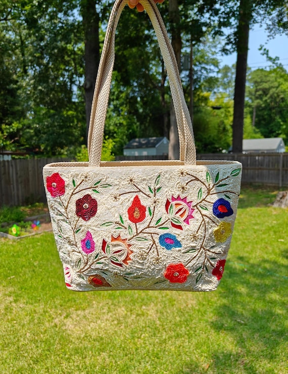 Beaded Shoulder Bag, Beaded Tote Bag, Summer Handbag, Beaded Bag, Floral Purses, Market Bag, Outdoor Bag, Gift for Her,