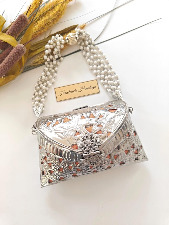 Embossed Brass Clutch: Silver Metal Indian Purse, Silver Wedding Bag
