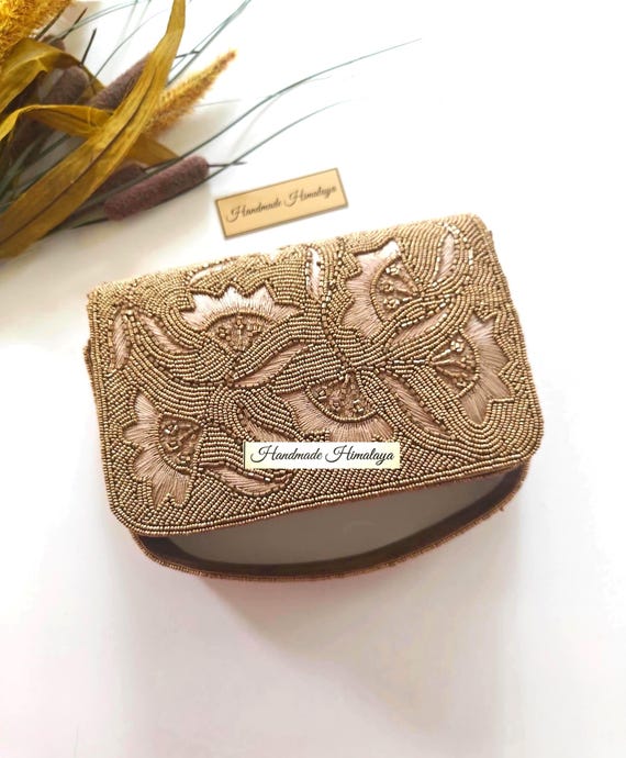 Gold Floral Beaded Bag | Bridal Wedding Evening Clutch Purse