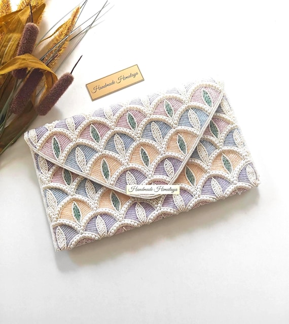 Pastel Beaded Bridal Clutch | Pearl Wedding Purse | Floral Evening Bag