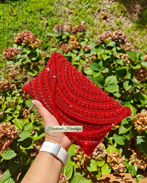 Red Beaded Clutch: Rhinestone Evening Purse with Crossbody Chain for Weddings and Parties