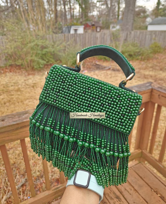 Green Beaded Bag, Emerald Statement Purse, Mini Party Evening Bag, Wedding Bridal Handbag Clutch