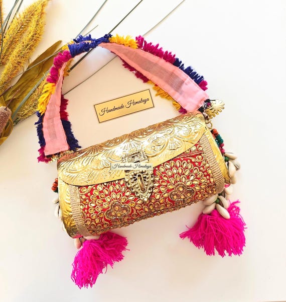 Gold Brass Clutch, Floral Engraved Brass Bag Kuchi Banjara Vintage Metal Crossbody Indian Purses