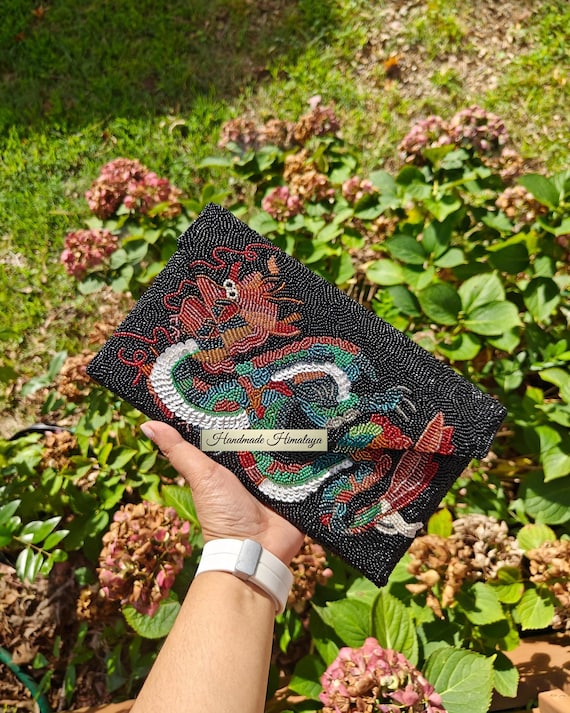 Double Side Beaded Bag, Black Beaded Clutch, Dragon Purse Beaded Clutch, Statement Clutch, Party Evening Bag, Seed Bead Purse