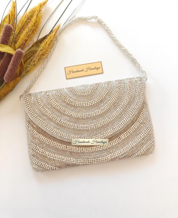 Silver Crystal Beaded Clutch Bag | Rhinestone Bridal Wedding Purse | Metallic Bead Party Evening Handbag
