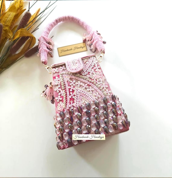 Pink Beaded Bridal Bag | Wedding Top Handle Bag | Purple Crystal Evening Clutch