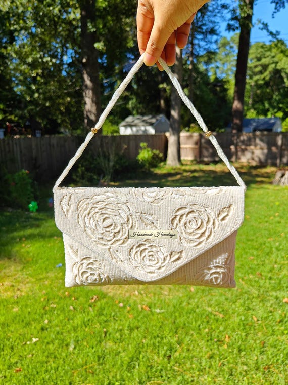 White Beaded Rose Purse: Handmade Floral Wedding Clutch Bridal Purse