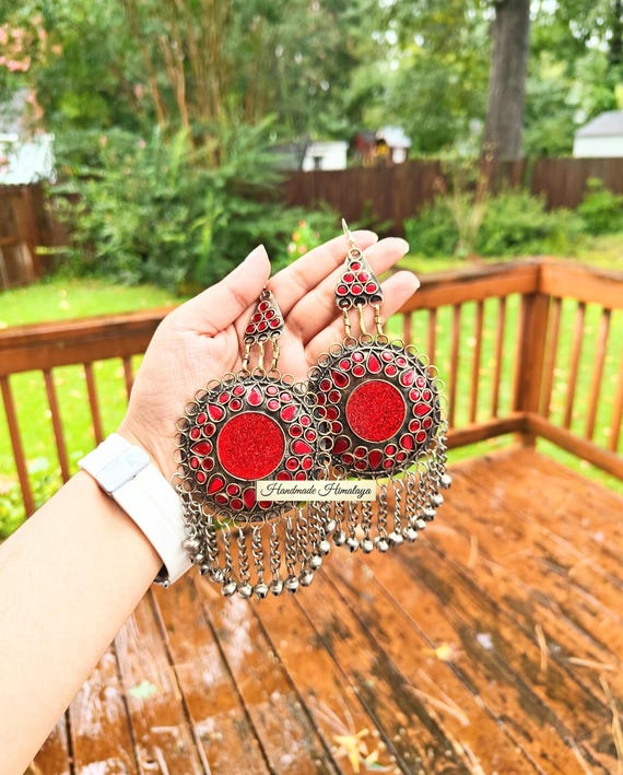 Vintage Afghan Earrings Red Gypsy Boho Kuchi Ethnic Jewelry Oversized