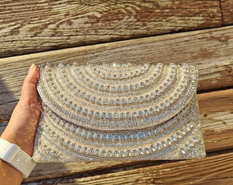 Silver Beaded Clutch, Heabily Embellished Beaded Purse, Evening Party Clutch, Crossbody TopHandle, Bridesmaid Gift, Unique Statement Purse