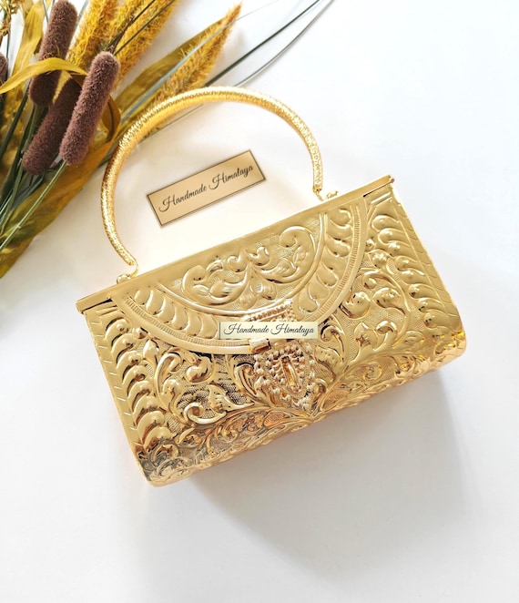 Floral Engraved Brass Purse: Boho Metal Handbag, Wedding Party Clutch