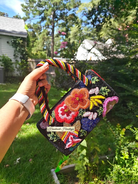 Handmade Beaded Floral Handbag | Black Flower Festival Purse | Vibrant Hibiscus Summer Wedding Bag
