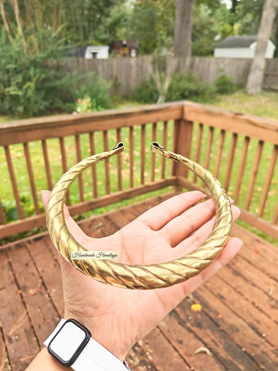 Golden Brass Choker: Twisted Carved Open-End Torc Tribal Ethnic Necklace