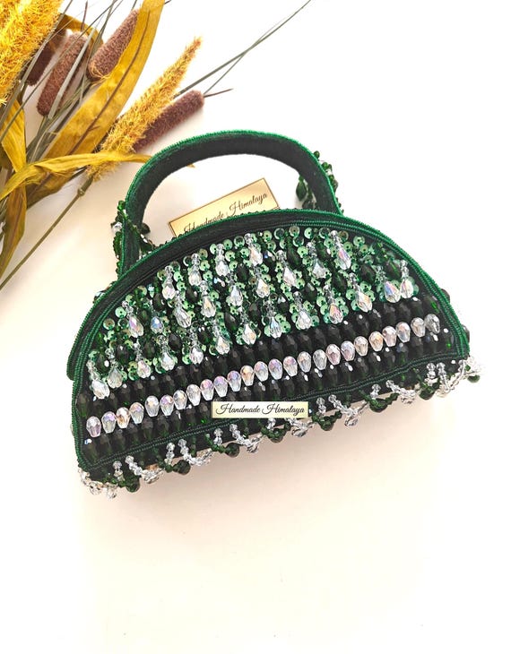 Emerald Green Evening Bag | Crystal Beaded Top Handle Purse