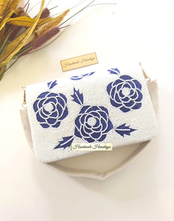 White Beaded Bridal Purse | Navy Blue Floral Wedding Clutch