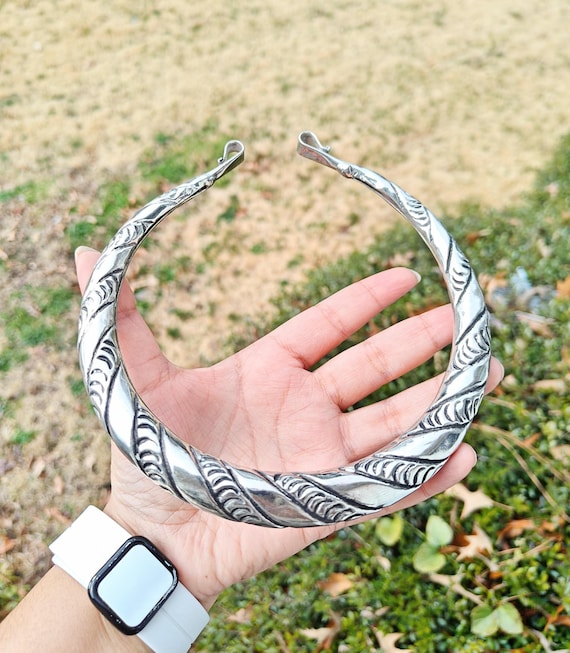 Silver Brass Choker Collar Open Torque Necklace Neck Ring Carved Hasli Jewelry Nomadic Tribal