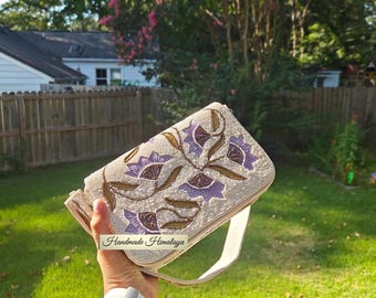 Floral Beaded Bag | Ivory Purple Wedding Purse