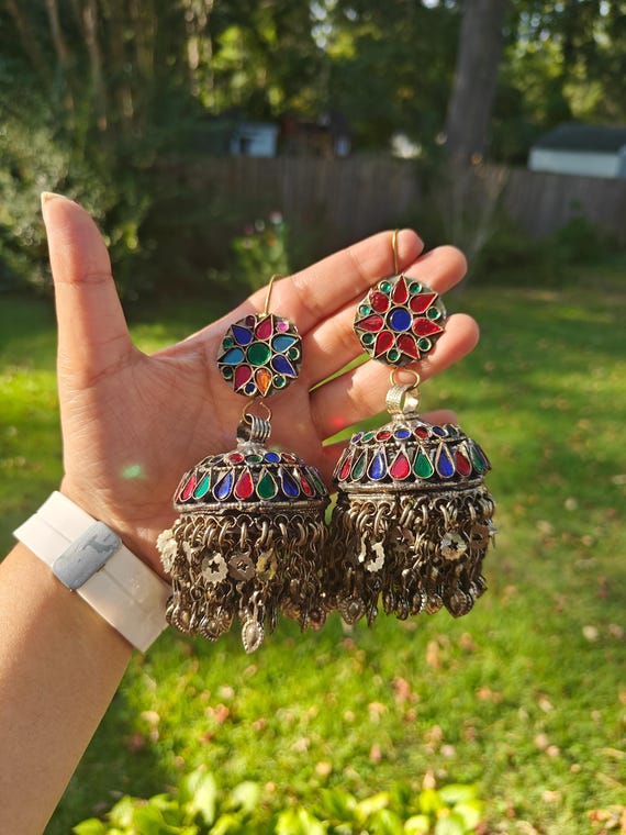 Vintage Afghan Earrings Oversized Silver Metal Multicolor Glass Tribal Kuchi Jhumka Bell Dangle Jewelry