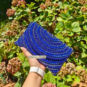 Blue Beaded Clutch: Rhinestone Crystal Evening Bag with Detachable Sling