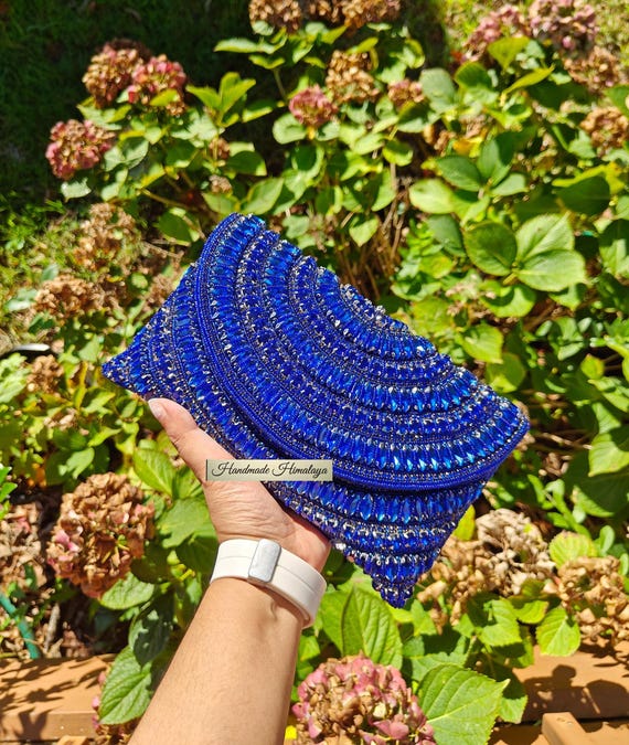 Blue Beaded Clutch: Rhinestone Crystal Evening Bag with Detachable Sling