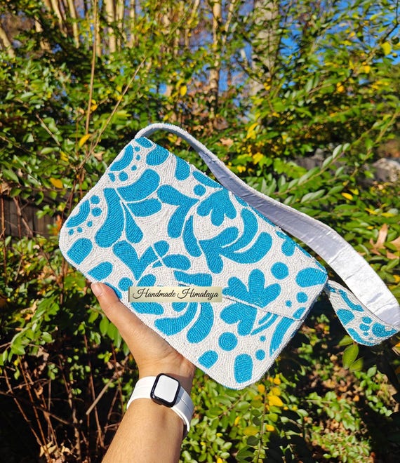 Blue Floral Beaded Bag | Teal Flower Pattern Shoulder Clutch | Wedding Bride Handbag