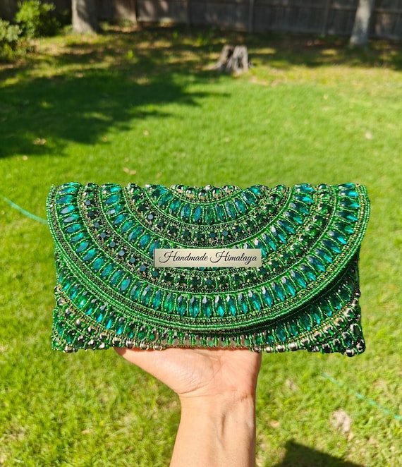 Green Clutch, Beaded Purse, Crossbody Purse, Party Bag, Evening Clutch, Green Beaded Clutch, Crystal Clutch, Nikah Wedding Purse Emerald