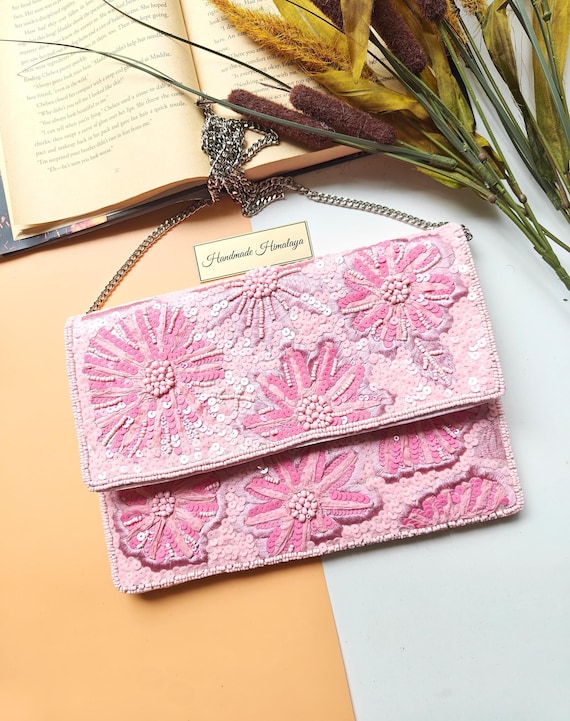 Pink Beaded Clutch, Floral Beaded Purse, Crossbody Bag, Flap Purse, Summer Purse, Evening Clutch, Party Purse, Prom Purse, Gift for her