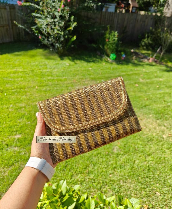 Gold and Brown Beaded Clutch Purse, Envelope Design with Striped Embroidery Crossbody Party Evening Bag