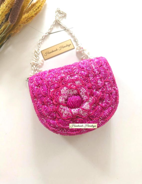 Hot Pink Beaded Clutch, 3D Floral Seed Bead Evening Purse Mini (6x5 Inch)