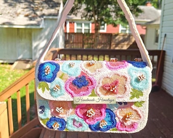 Blumenbesetzte Perlenhandtasche | Bunte Blumen-Schultertasche für die Braut