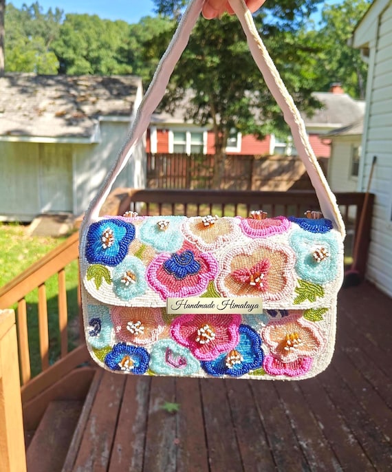 Floral Beaded Bag | Colorful Flowers Bridal Wedding Shoulder Purse