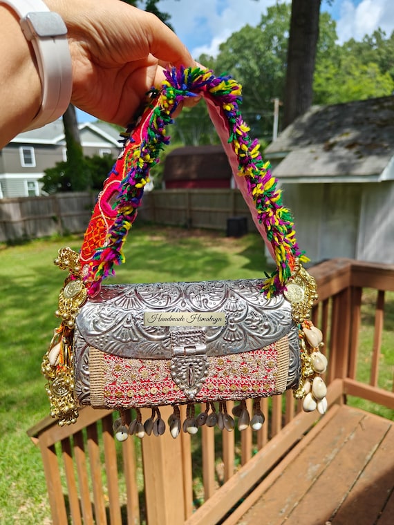Silver Brass Potli Bag, Ethnic Crossbody Brass Bag, Banjara Purse, Tribal Coin Shell Purse, Brass Clutch, Embroidered Ferstiva Bag