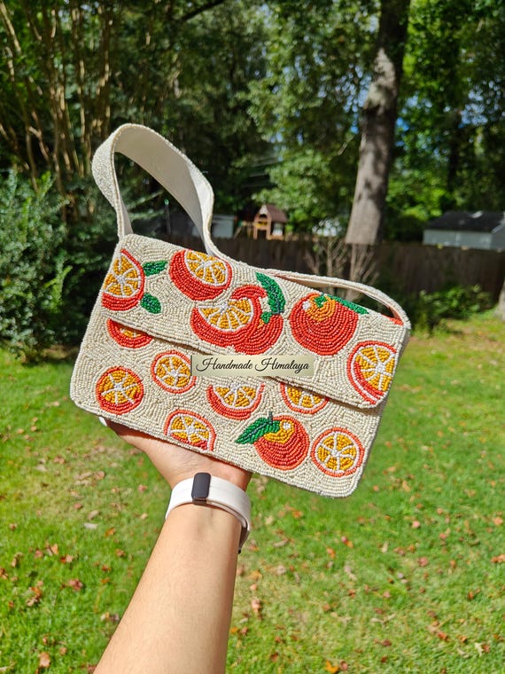 Orange Beaded Shoulder Bag: Citrus Fruit Embroidered Purse