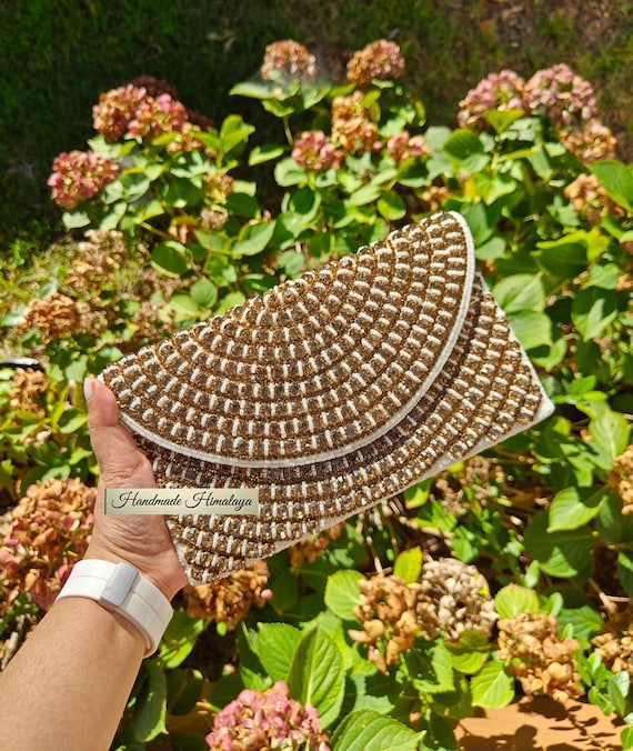 Gold White Beaded Clutch Geometric Arc Pattern Evening Bag Crossbody Purse