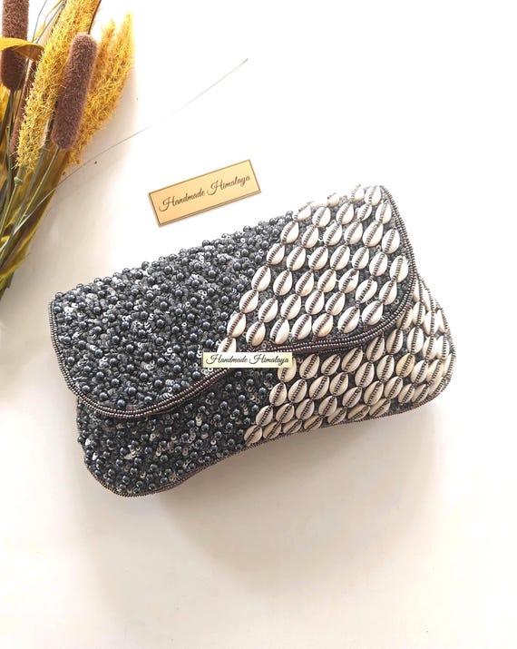 Gray Cowrie Shell Clutch | Silver Beaded Evening Bag