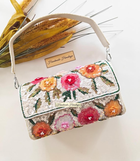 Boho Flower Beaded Evening Bag | Handmade Sequin Floral Clutch | Pink and Orange Botanical Shoulder Bag for Spring Weddings