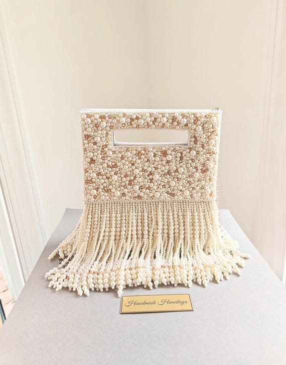 Pearl Beaded Bag, Bridal Fringes Ivory Purse, Square Handle Crossbody, Bridesmaid Gift, Wedding Day Handbags, Party Evening Bag