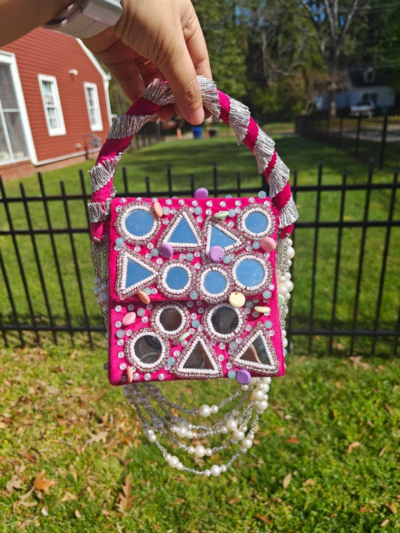 Fuchsia Mirror Potli Bag, Bridal Wristlet, Beaded Bag, Gift for Her, Bride Mini Purse, Beaded Wedding Bag, Bohemian Banjara Bag, Summer Bag