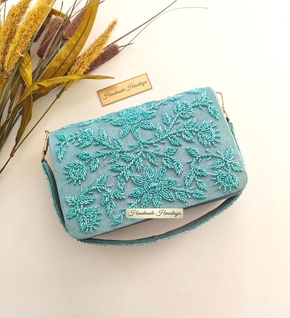 Teal Bridal Clutch | Turquoise Floral Beaded Wedding Purse