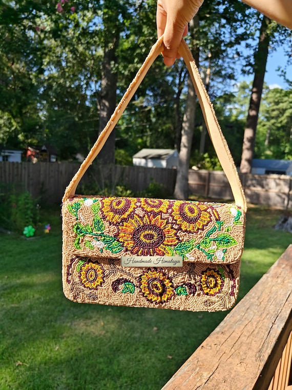 Handmade Sunflower Beaded Shoulder Bag