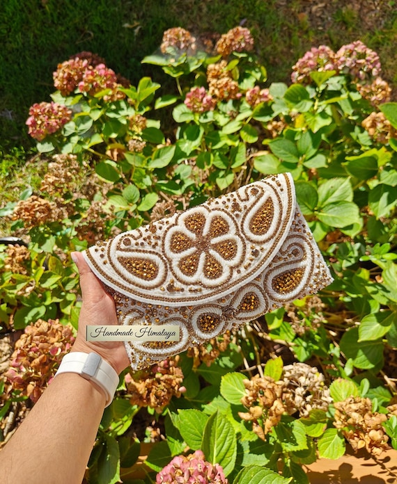Gold Beaded Clutch: Floral Embroidery, Crossbody Bridal Bag