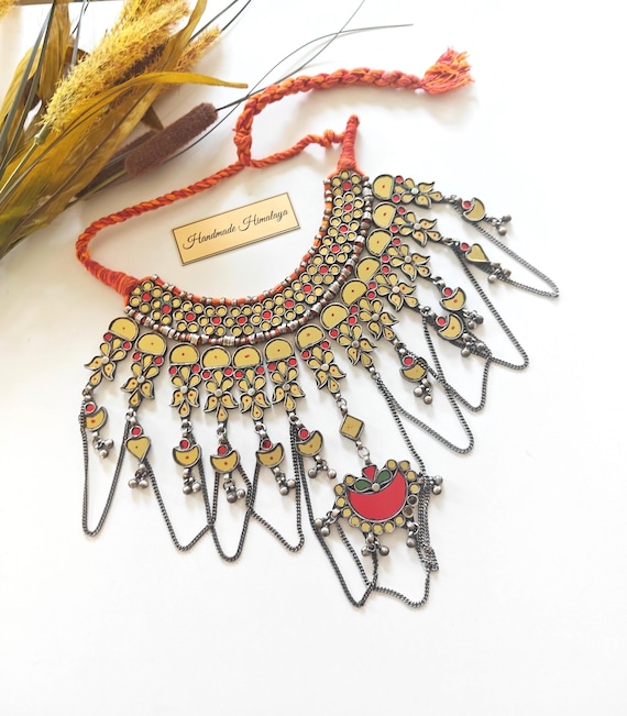 Vintage Afghan Mirror Necklace: Red Kuchi Tribal Collar Jewelry