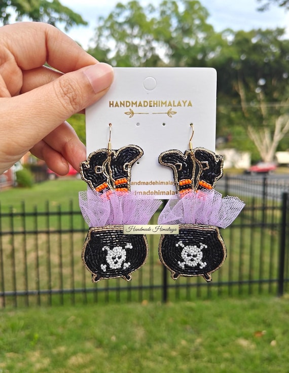 Witch Boot Cauldron Earrings | Halloween Beaded Statement Earrings